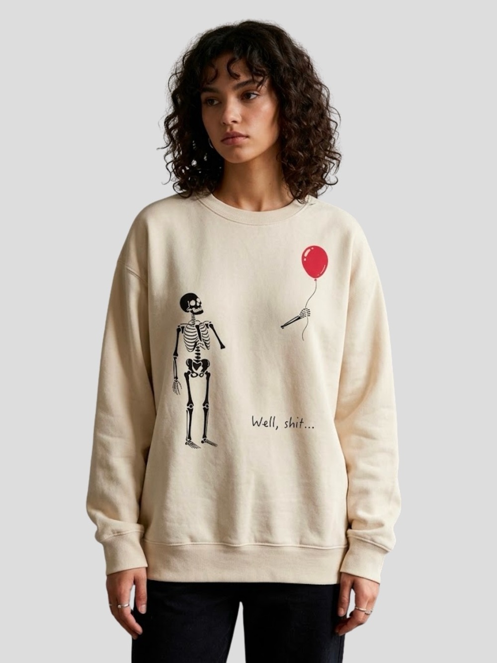 Funny Skeleton Red Balloon Meme Spooky Beige Sweater Sweatshirt